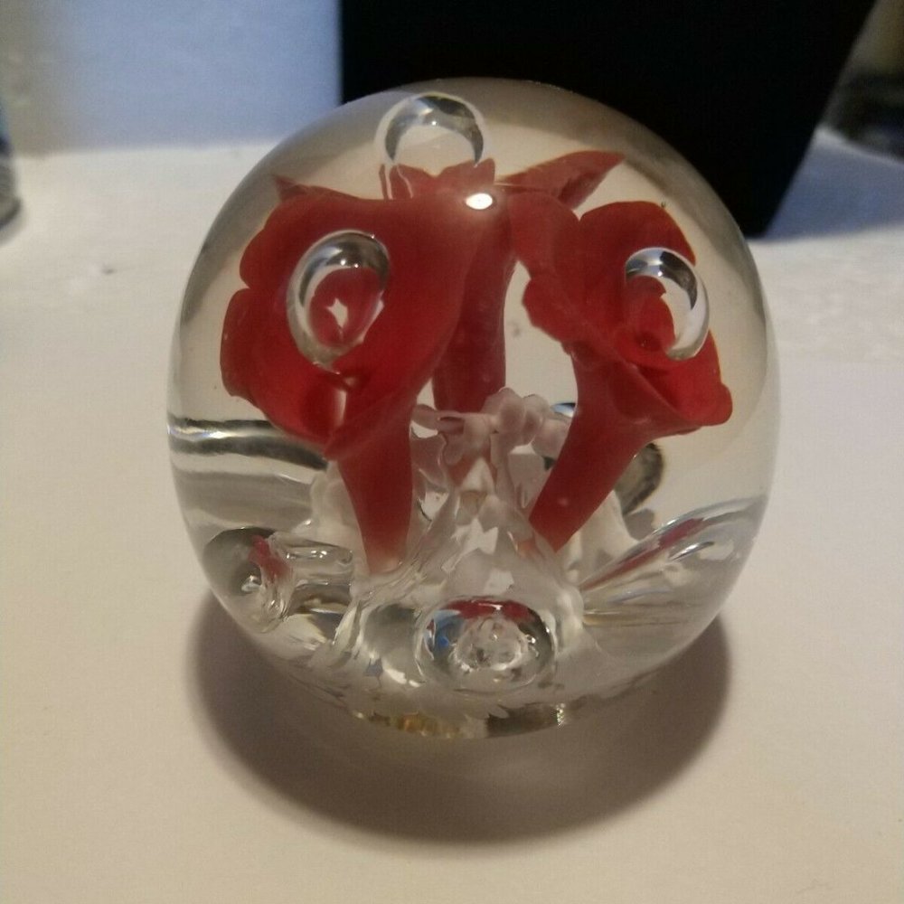 VINTAGE 1970's Glass Paperweight Northern Europe with Brick Red Lilies